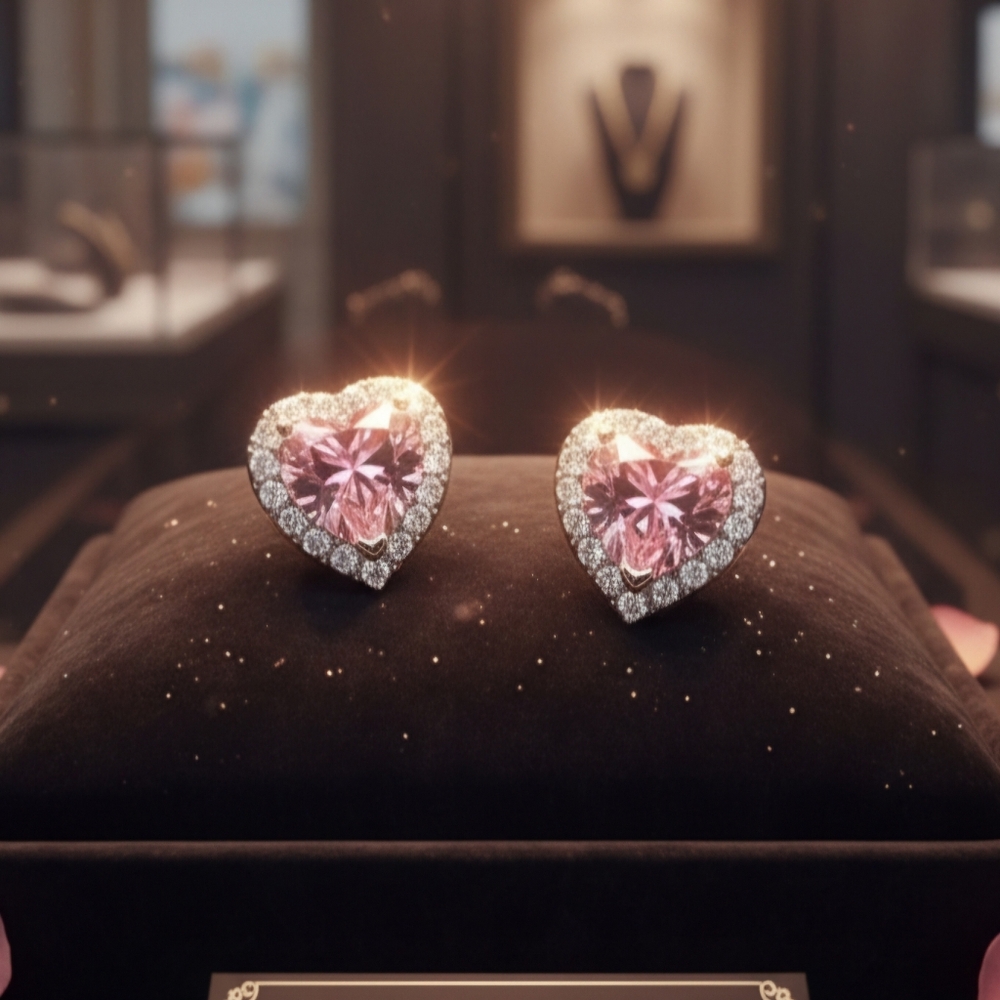 Pink Heart Halo Stud Earrings